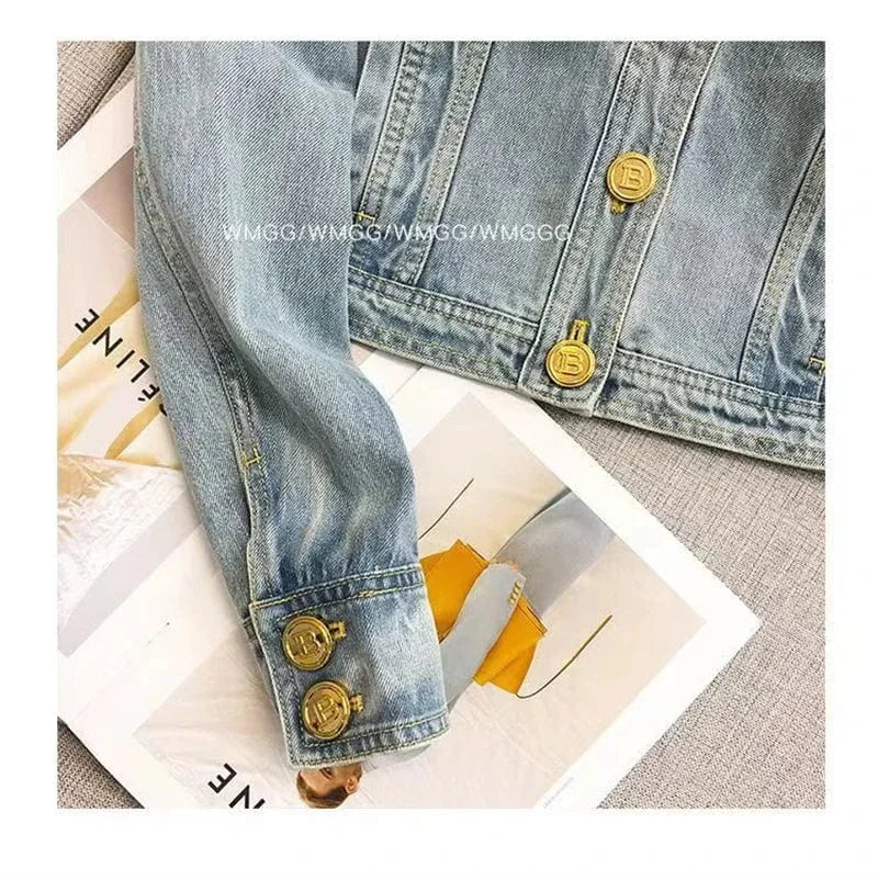 Short 2023 New Design Sense Heavy Industry Denim Coat Korean Wash Fashion Short Style Temperament Top Metal buckle Denim Jacket