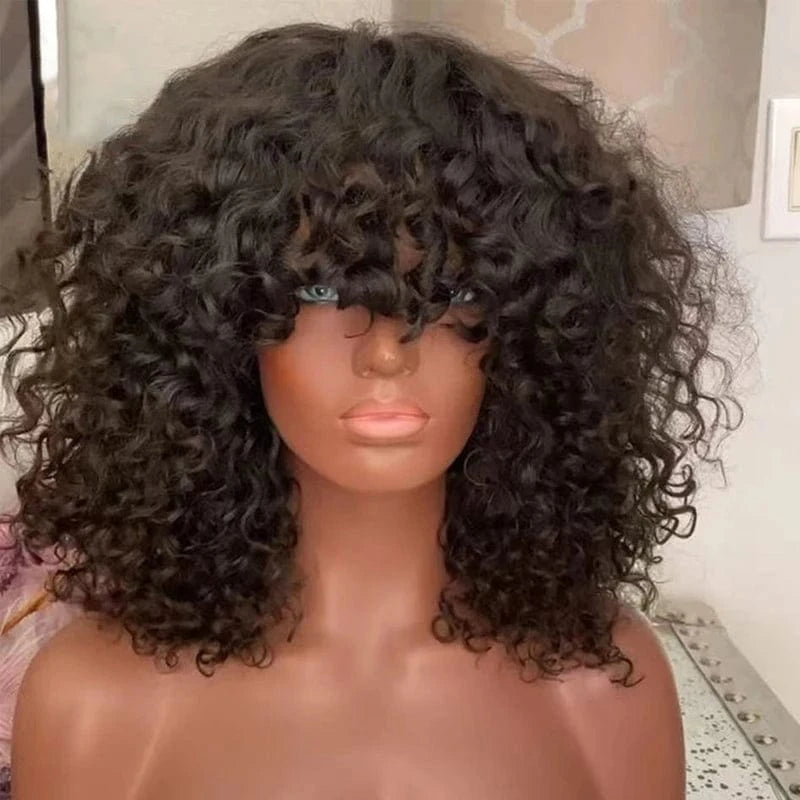 Short Bob Curly Human Hair Wigs Ombre Brazilian Remy Hair WIgs With Bangs Full Machine Made 180% Density Wigs For Black Women