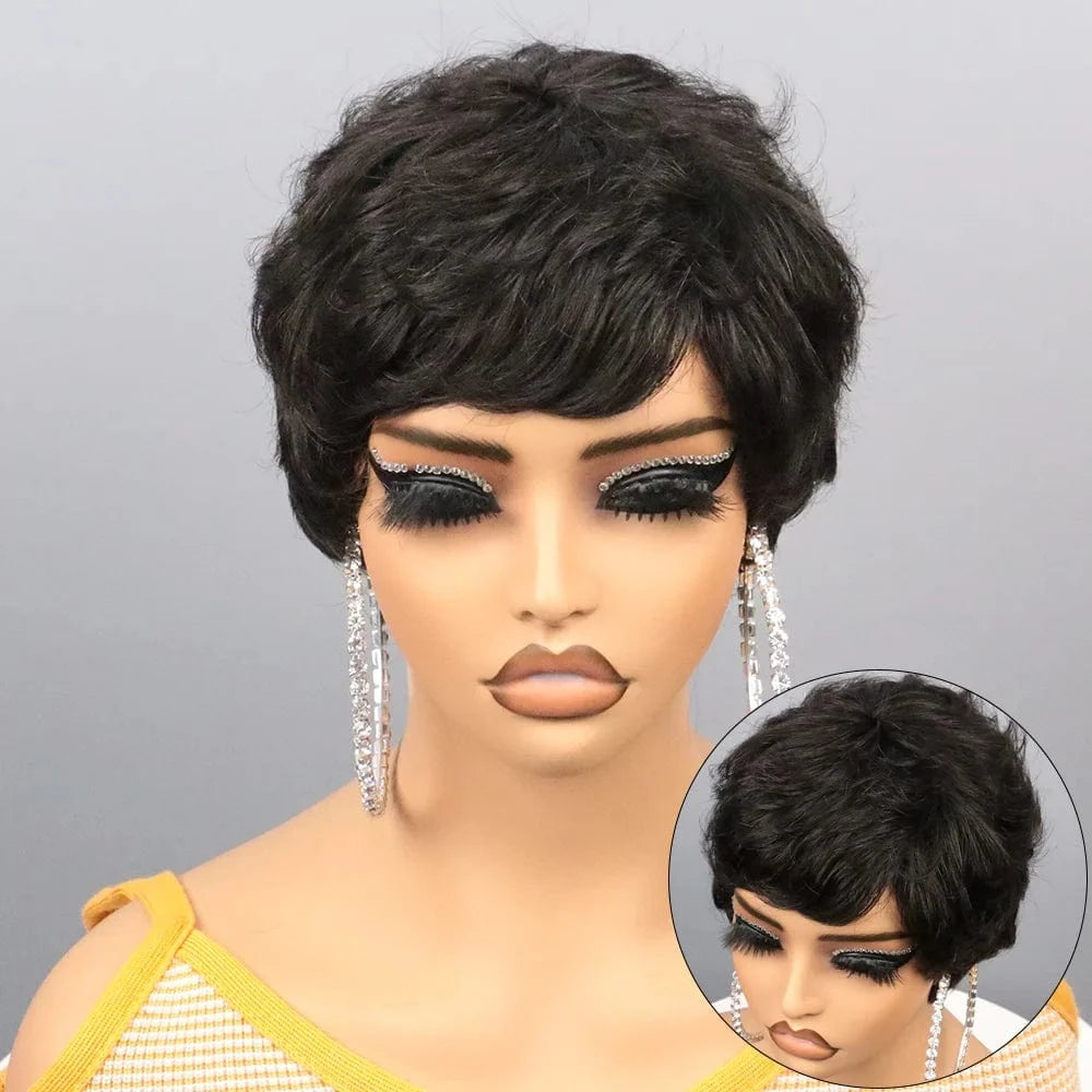 Short Bob Wig Human Hair for Black Women Pixie Cut wigs Human Hair Wig Glueless Wig None Lace Front Wig with Bangs Natural Black