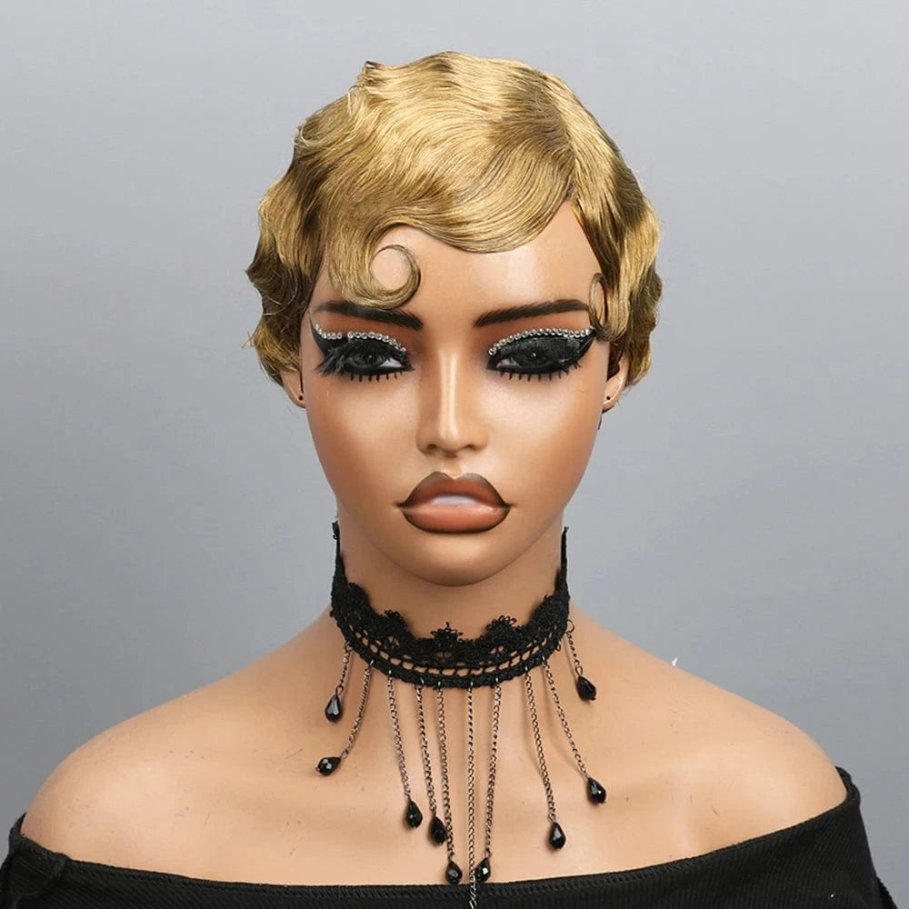 Short Finger Wave Wig Human Hair Wigs For Women 180% Density Brown Short Ocean Wave Wig Pixie Cut Wigs for Woman Natural Look