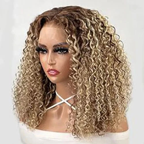 Short Glueless None Lace Ready To Ship Blonde Remy Human Hair Kinky Curly Bob Wig With Bang For Black Women