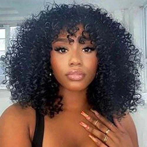 Short Glueless None Lace Ready To Ship Blonde Remy Human Hair Kinky Curly Bob Wig With Bang For Black Women