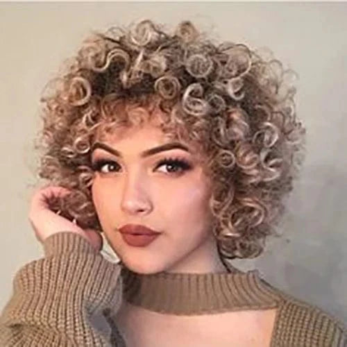 Short Glueless None Lace Ready To Ship Blonde Remy Human Hair Kinky Curly Bob Wig With Bang For Black Women