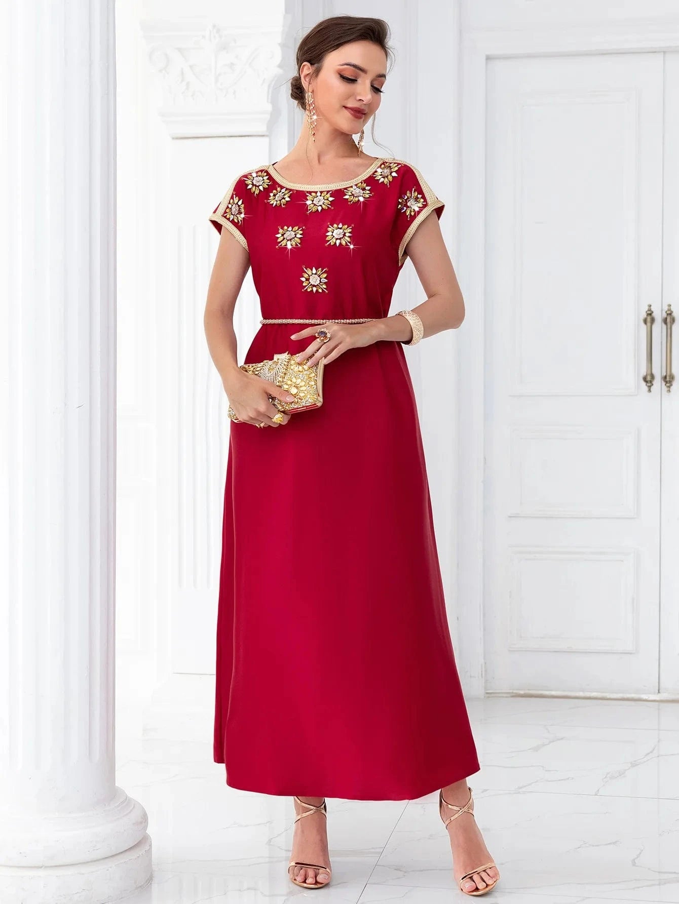 Short sleeves beaded elegant ladies Summer maroon wedding clothes Arabic party dress wedding dresses