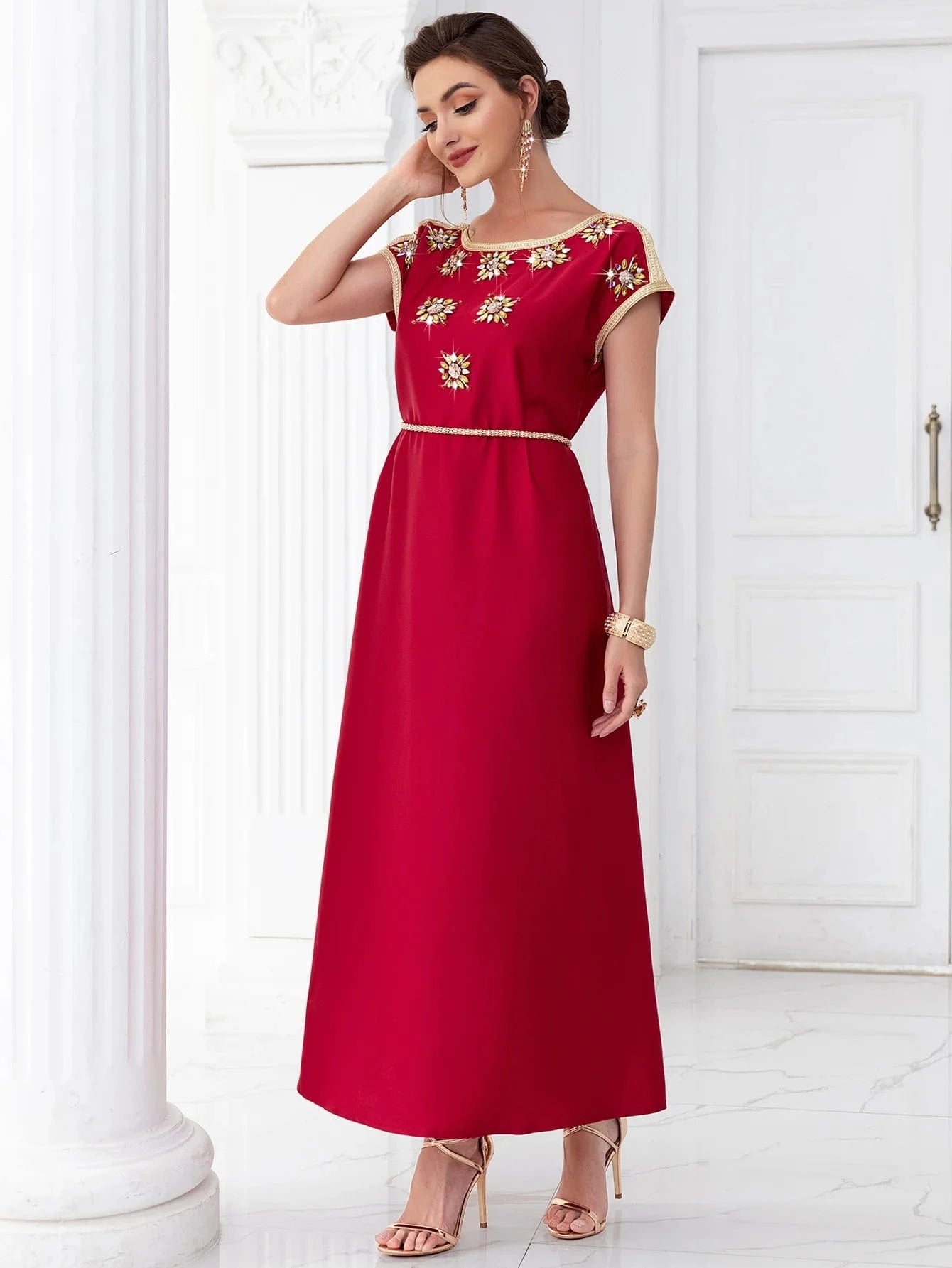 Short sleeves beaded elegant ladies Summer maroon wedding clothes Arabic party dress wedding dresses