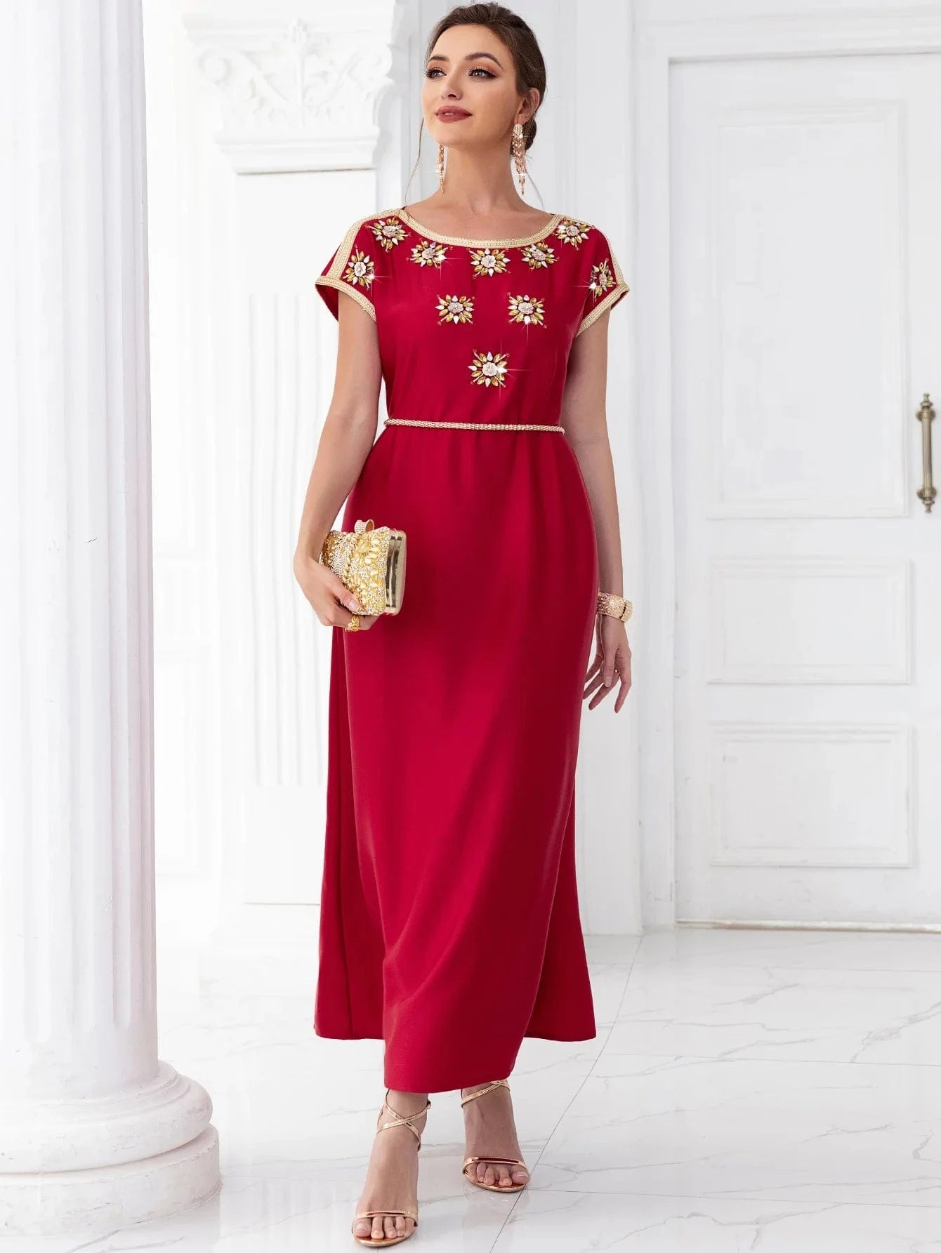 Short sleeves beaded elegant ladies Summer maroon wedding clothes Arabic party dress wedding dresses