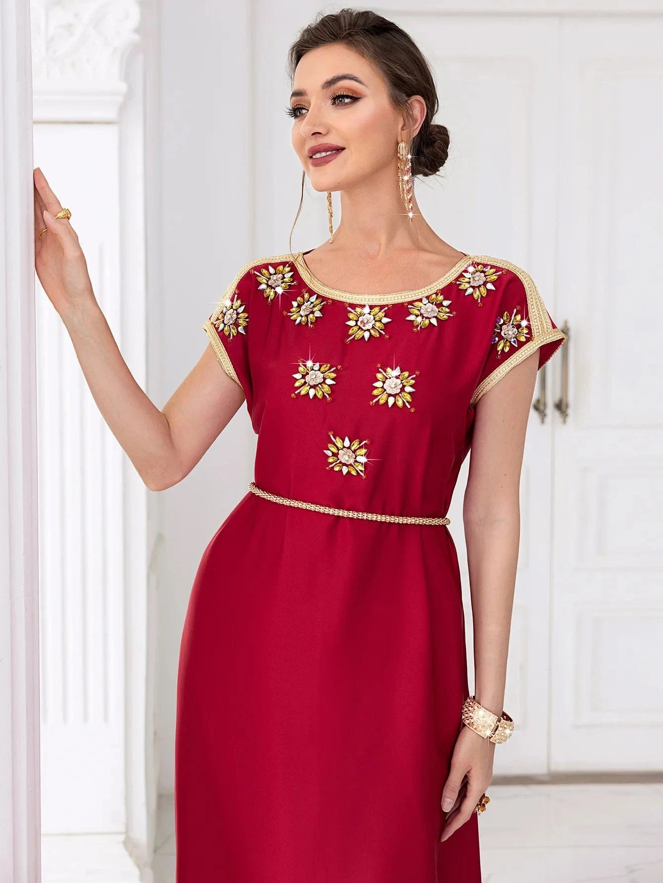 Short sleeves beaded elegant ladies Summer maroon wedding clothes Arabic party dress wedding dresses