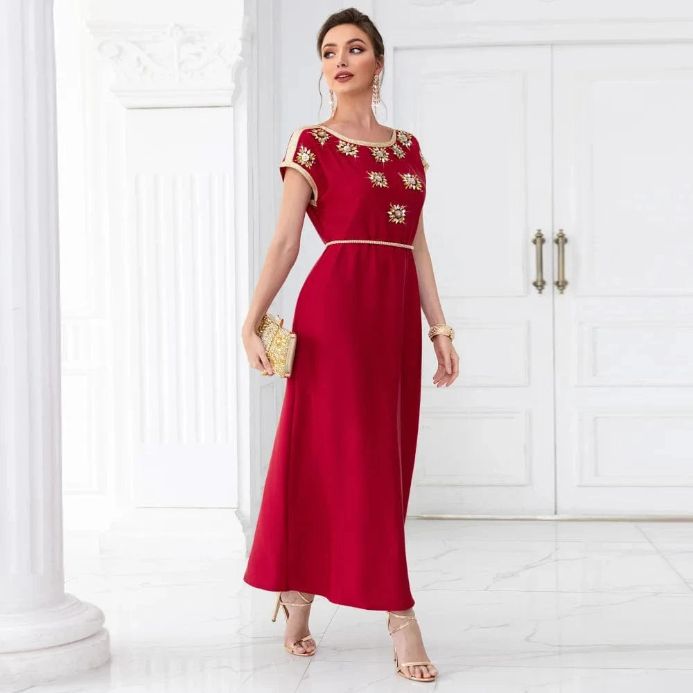 Short sleeves beaded elegant ladies Summer maroon wedding clothes Arabic party dress wedding dresses
