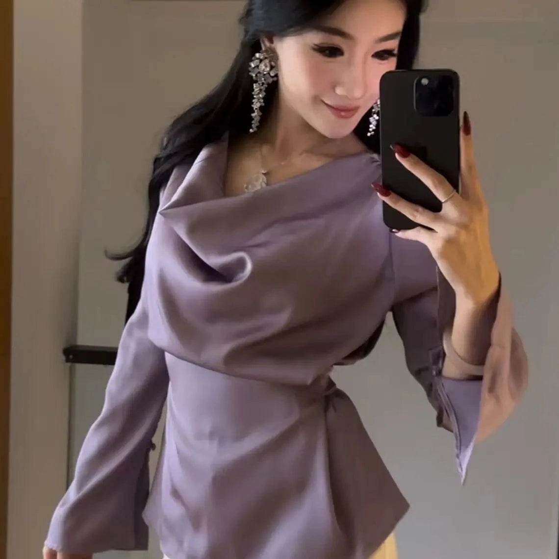 Silk Satin Basic Blouse Women Luxury Elegant Flare Long Sleeve Shirt Lady Bandage Tunic Top Korean Office Casual