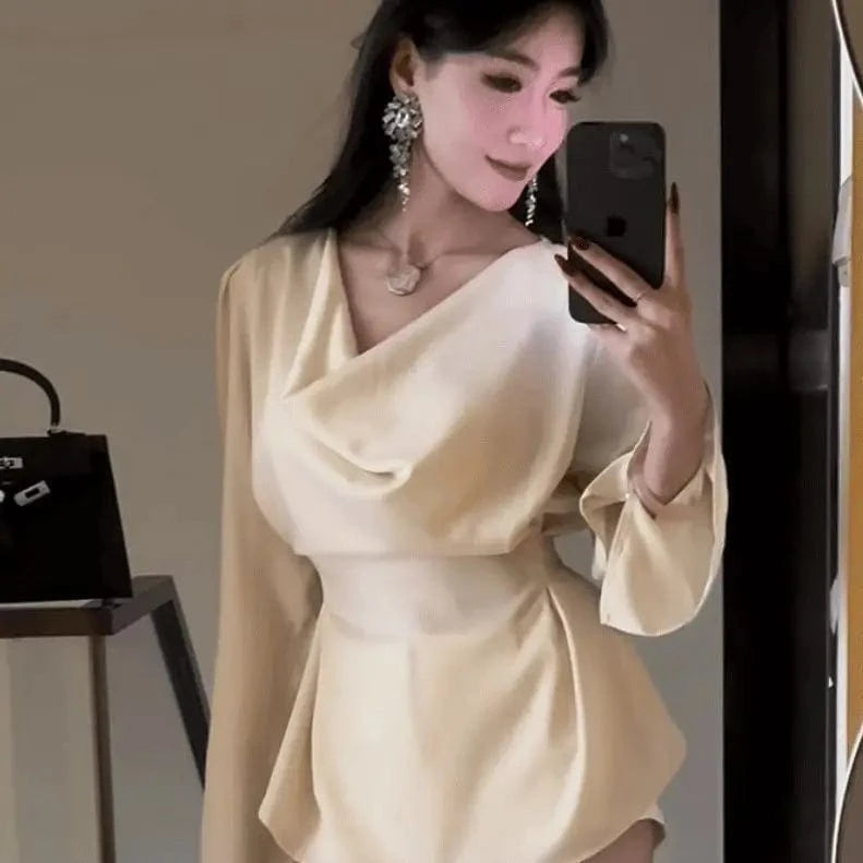 Silk Satin Basic Blouse Women Luxury Elegant Flare Long Sleeve Shirt Lady Bandage Tunic Top Korean Office Casual
