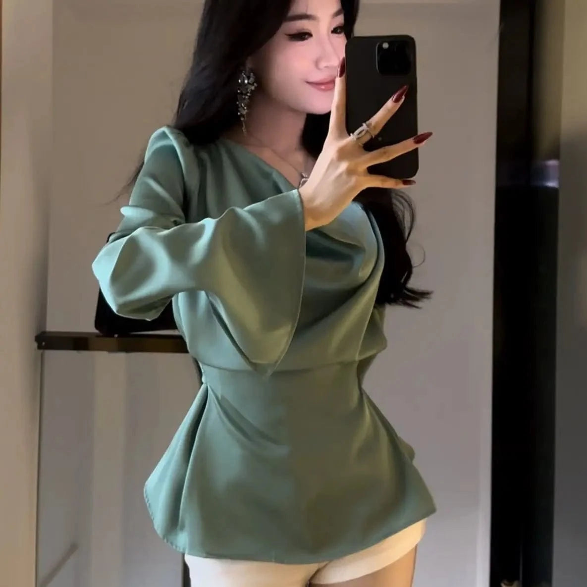 Silk Satin Basic Blouse Women Luxury Elegant Flare Long Sleeve Shirt Lady Bandage Tunic Top Korean Office Casual
