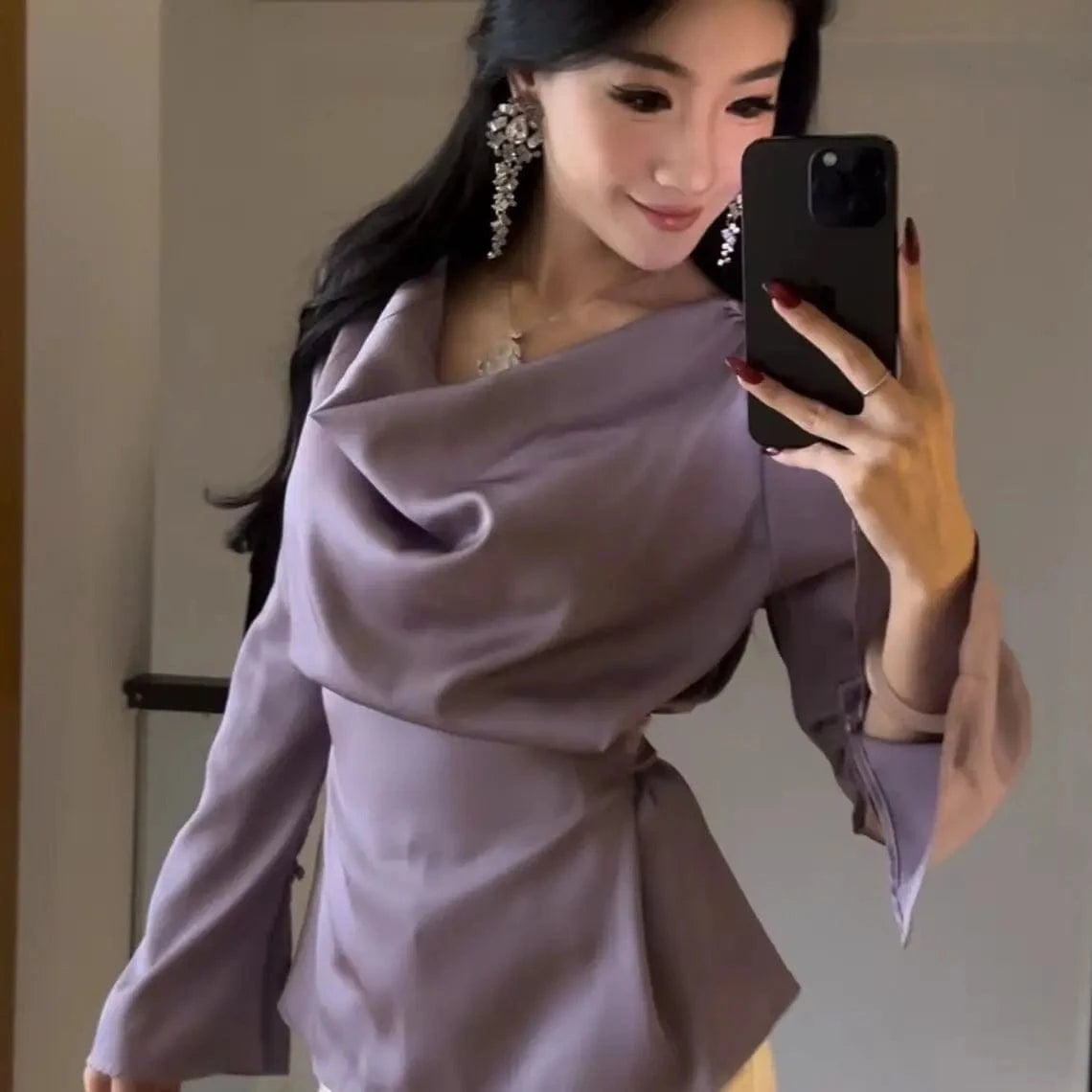 Silk Satin Basic Blouse Women Luxury Elegant Flare Long Sleeve Shirt Lady Bandage Tunic Top Korean Office Casual