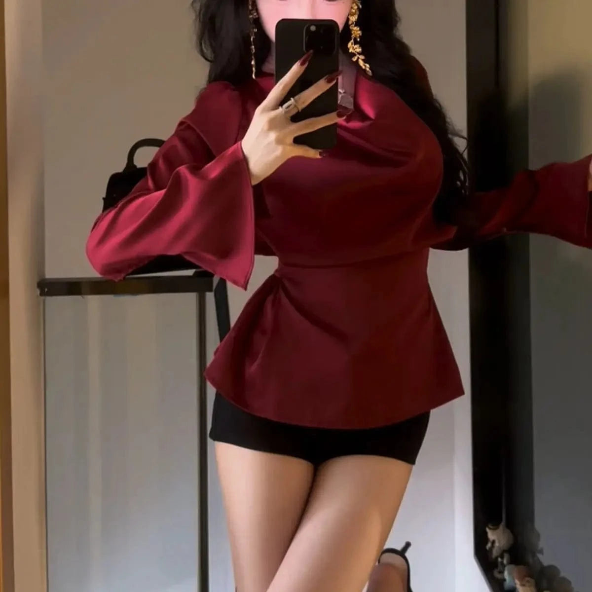 Silk Satin Basic Blouse Women Luxury Elegant Flare Long Sleeve Shirt Lady Bandage Tunic Top Korean Office Casual