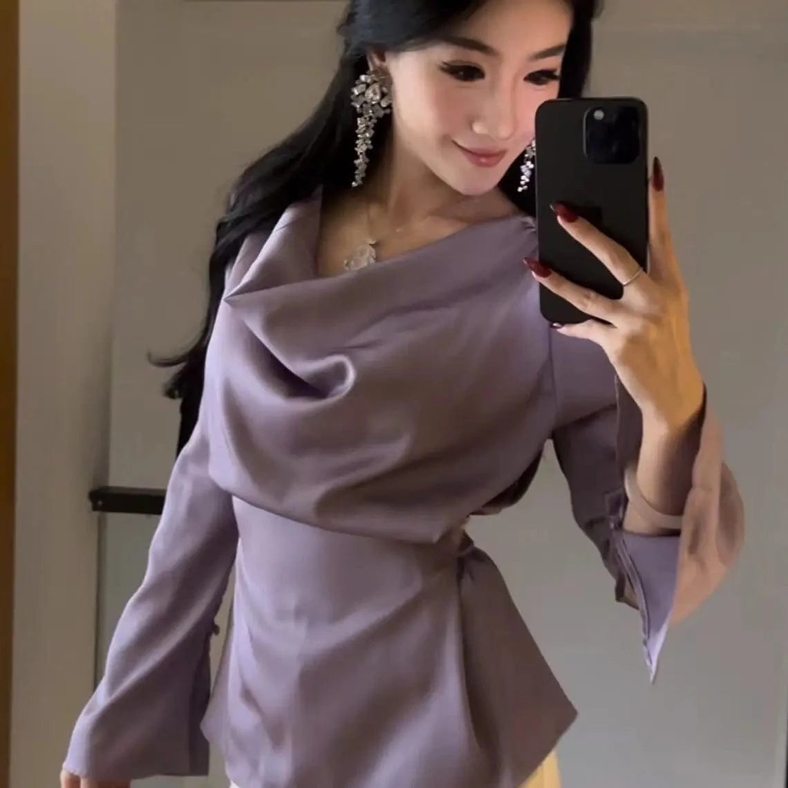 Silk Satin Basic Blouse Women Luxury Elegant Flare Long Sleeve Shirt Lady Bandage Tunic Top Korean Office Casual