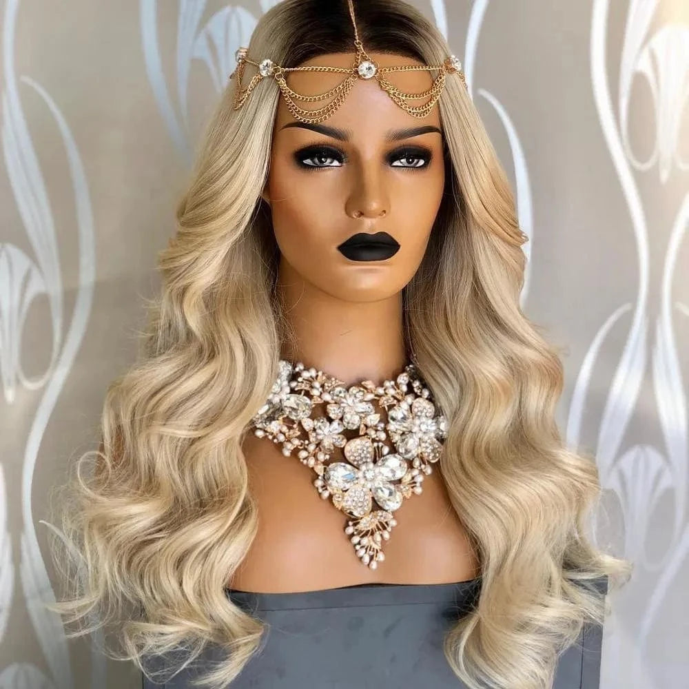 Silky Straight Wave Wig 100% Real Human Hair 613 Blonde Color With Dark Roots Transparent Lace Front Wigs