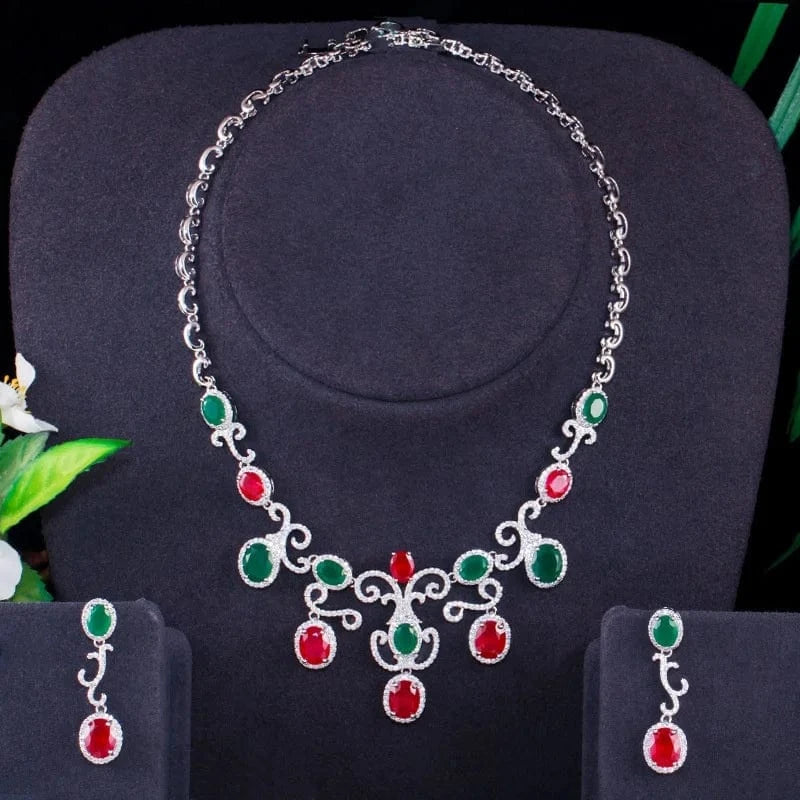 silver 2024 Necklace Earring Necklace Jewelry Set Gemstone Jewellery Sets Wholesale Luxury Indian Middle East Emerald Ruby Zircon Wedding