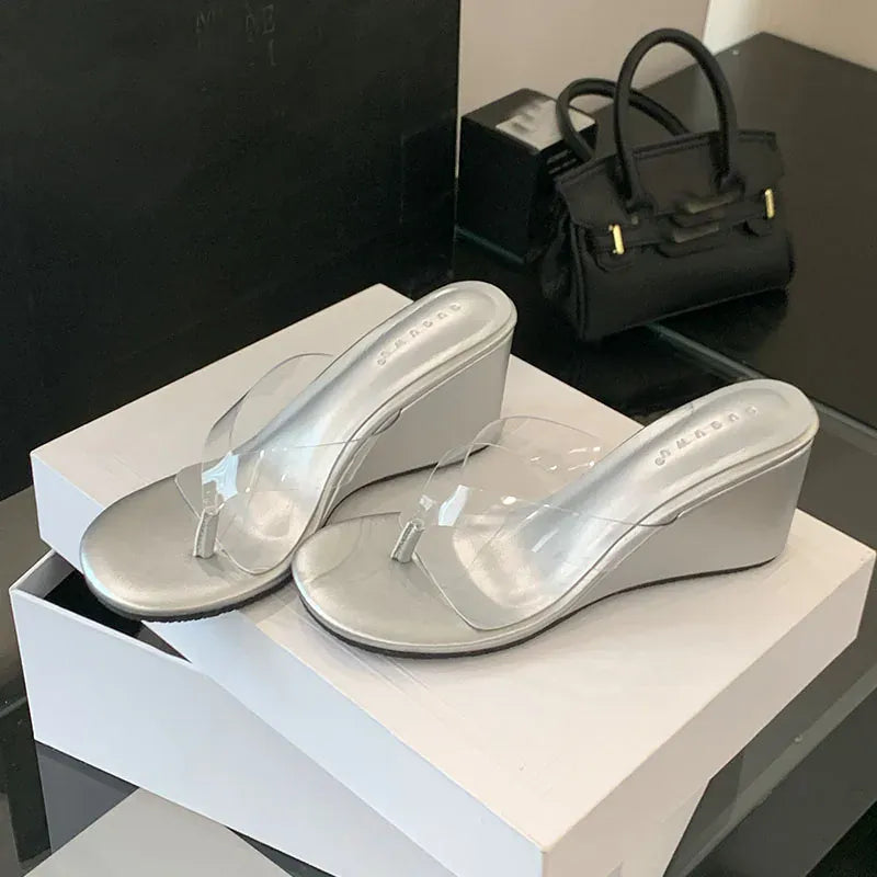 Silver / 39 Fashion Transparent Women Wedges Slippers Shoes Female Flip flops Sandals Slides Round Toe Ladies Wedges Slippers Shoes Pumps