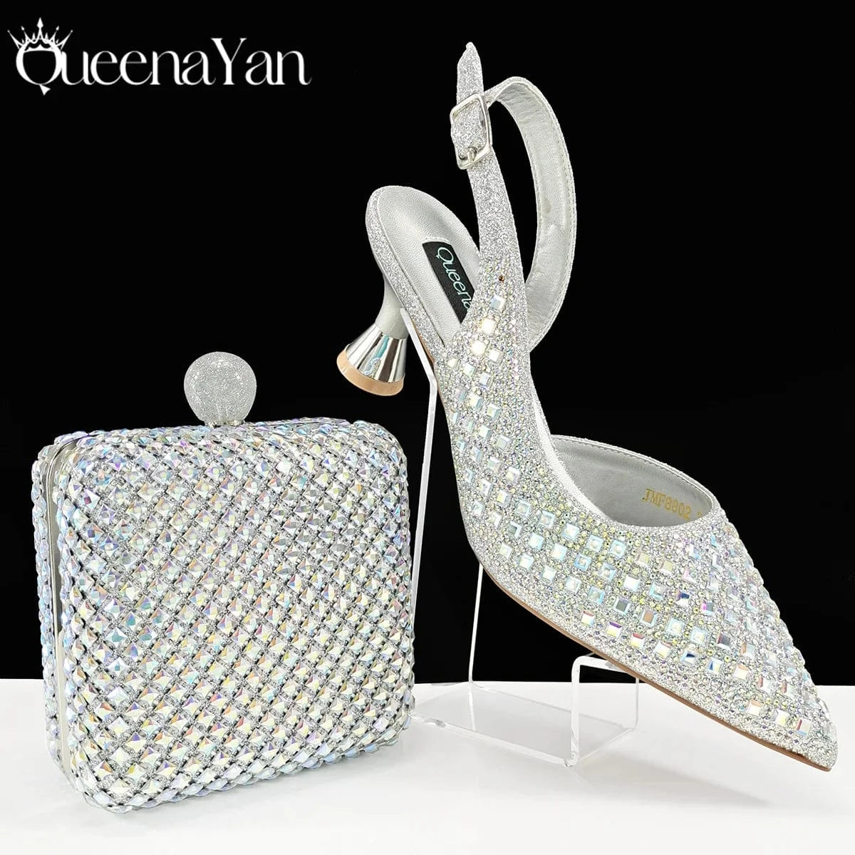 Silver / 41 / CHINA Queena Yan Italian Design Rhinestone Luxury Green Colour Pointed Toe Shoe & Bag Set Women's High Heels for Parties High Quality