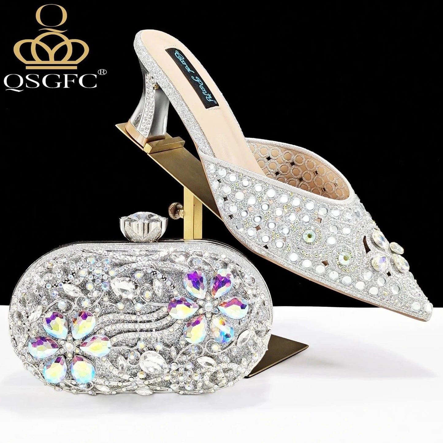 SILVER / 42 / CHINA QSGFC New Design Specials Italian Women Heels Shoes and Bag in Pink Color Comfortable Heels With Rhinestone for Part