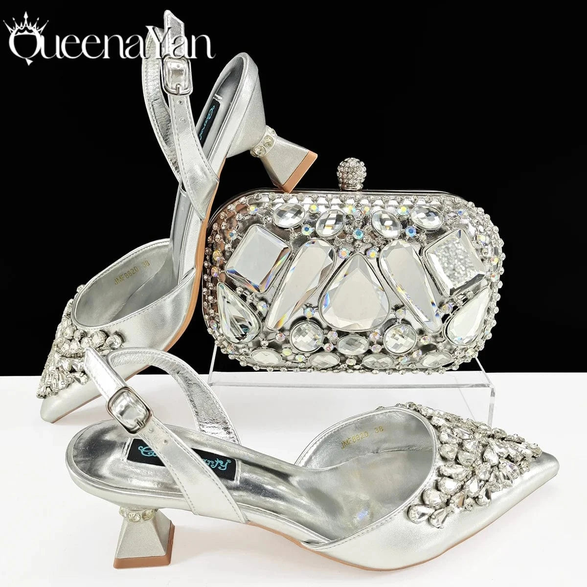 Silver / 43 / CHINA Queena Yan Italian shoes and handbags accessory set with rhinestone metal embellishments Wedding shoes Bridal shoes Designer