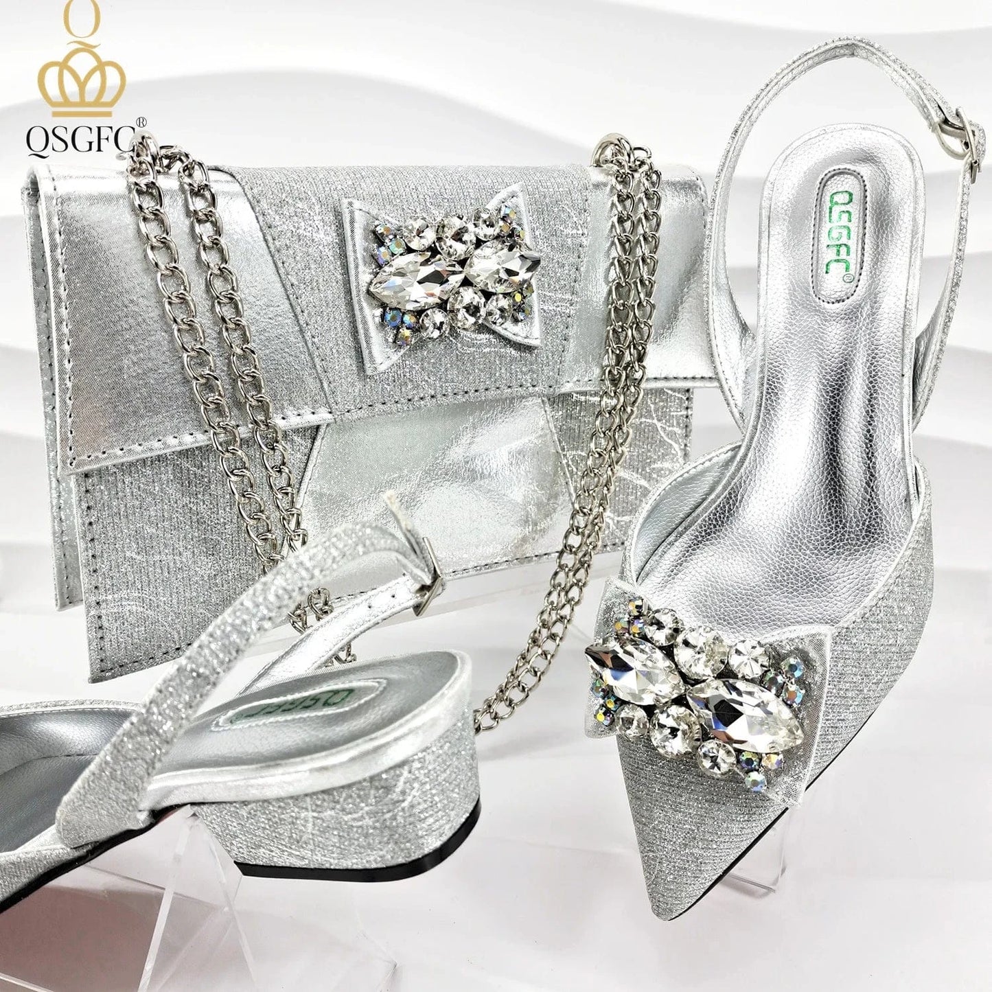 SILVER / 43 Italian Design Elegant Evening Shoes And Bag Set African Crystal Comfortable Shoes And Capacity Bag Commuter Women's Shoes