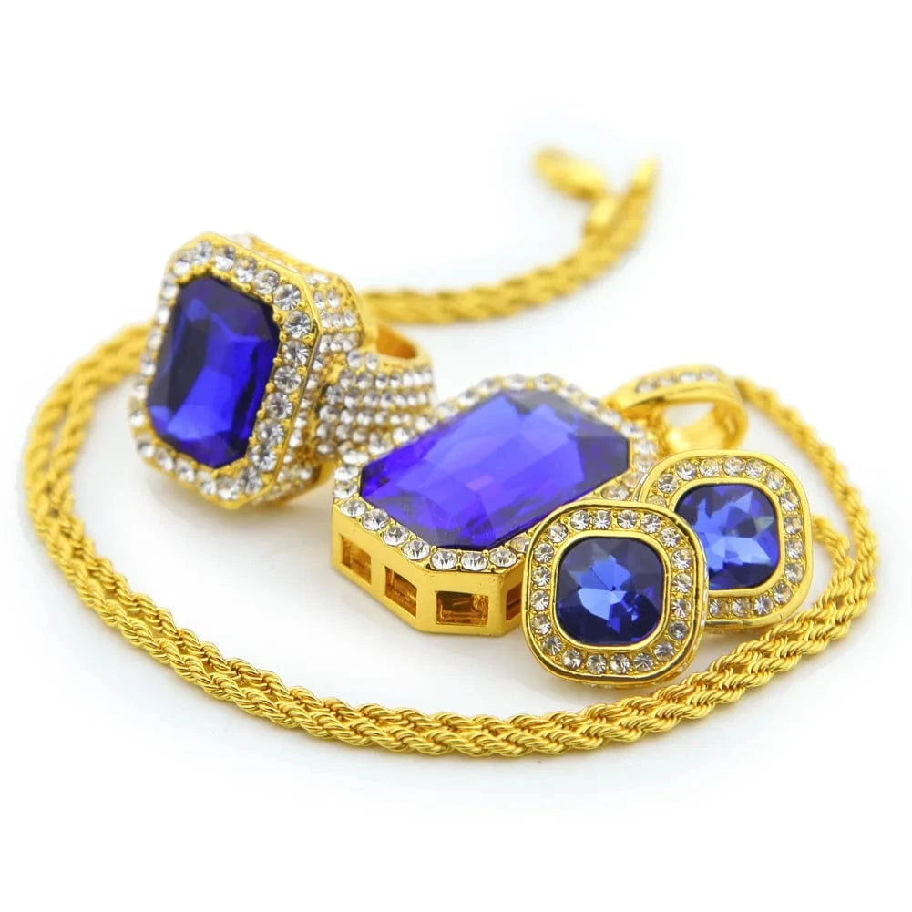 Silver / 8 / Blue Qiuhan Blingbling Hip Hop Gem Ring Earrings Pendant Necklace Jewelry Set Gift