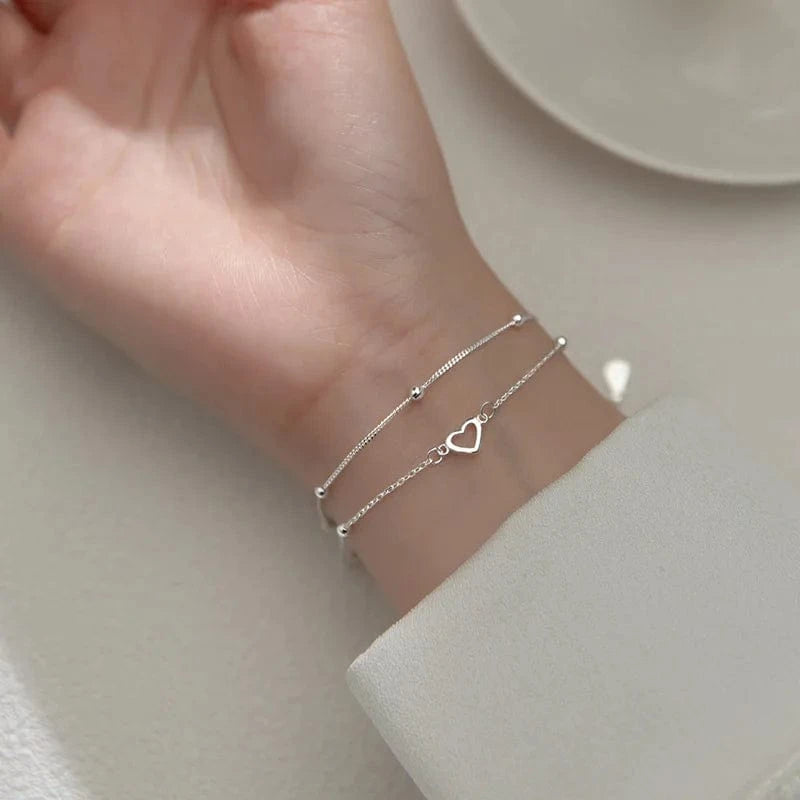 silver 925 Sterling Silver Sweet Double Layer Hollow Heart Beads Bracelets for Women Sterling Silver Wedding's Day Gift