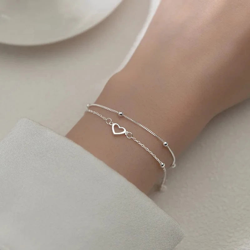 silver 925 Sterling Silver Sweet Double Layer Hollow Heart Beads Bracelets for Women Sterling Silver Wedding's Day Gift