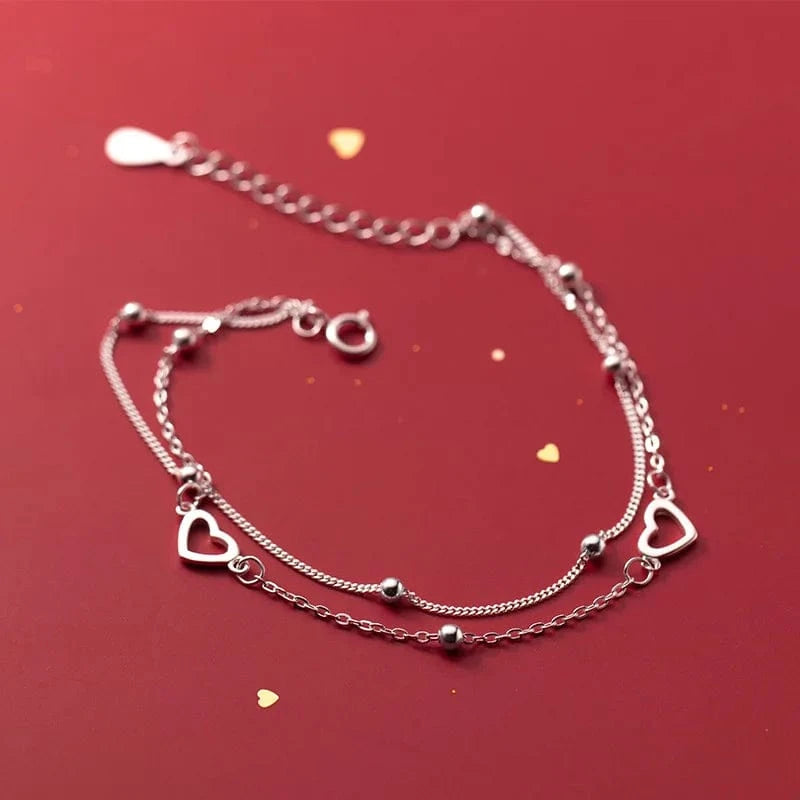silver 925 Sterling Silver Sweet Double Layer Hollow Heart Beads Bracelets for Women Sterling Silver Wedding's Day Gift