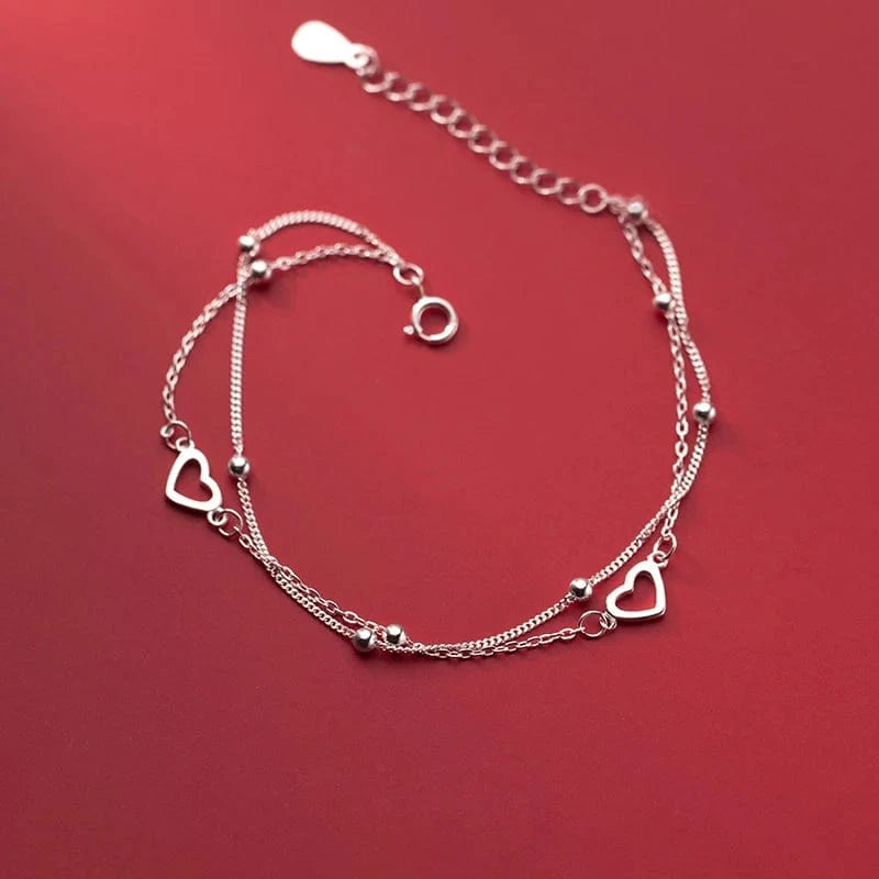 silver 925 Sterling Silver Sweet Double Layer Hollow Heart Beads Bracelets for Women Sterling Silver Wedding's Day Gift