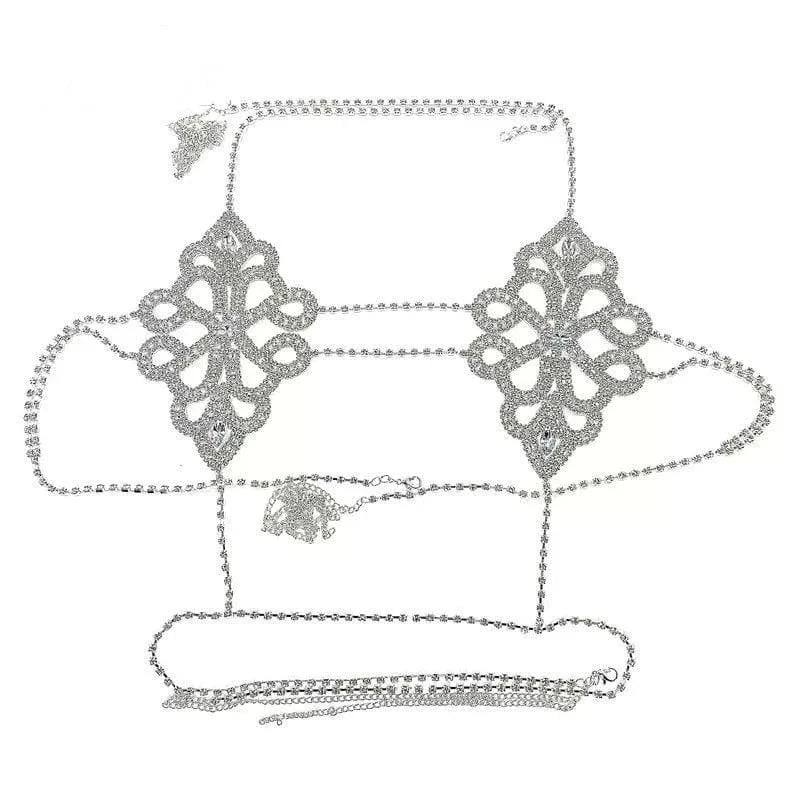 silver / bra Rhinestone Crystal Bikini Chest Chain Body Chain Jewelry Accessory