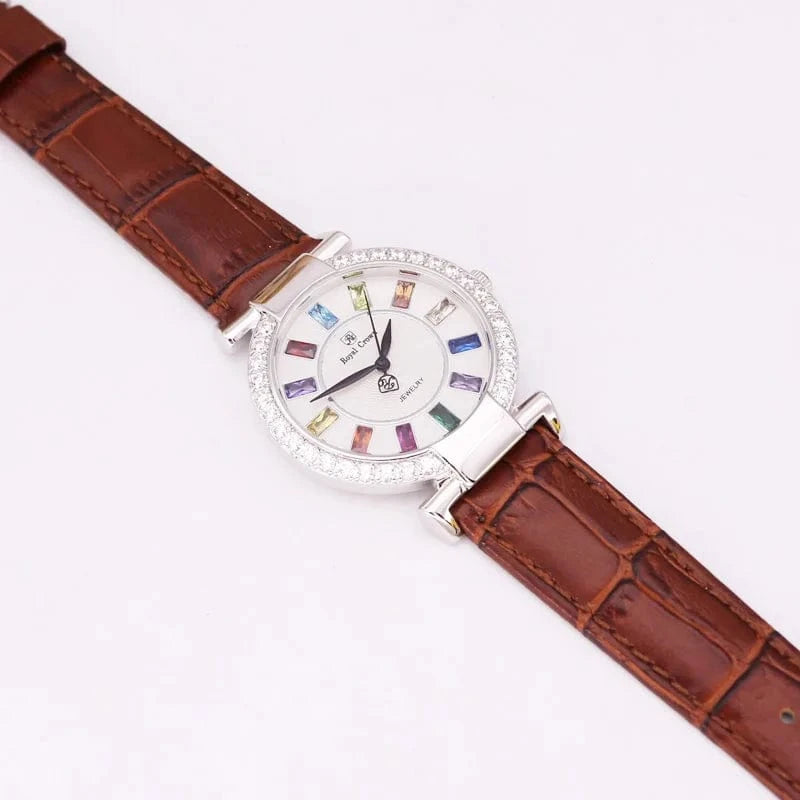 Silver Brown Prong Setting Luxury Clock Lady Women's Watch Fashion Hours Bracelet Colorful Rhinestone Girl Birthday Gift Royal Crown Box