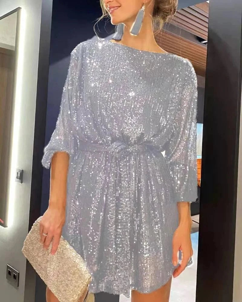 silver gray / M Sparkly Puff Long Sleeve Party Dress with Belt for Women Glitter Beaded Mini Dress Loose Wedding Bridesmaid Ladies Short Dresses