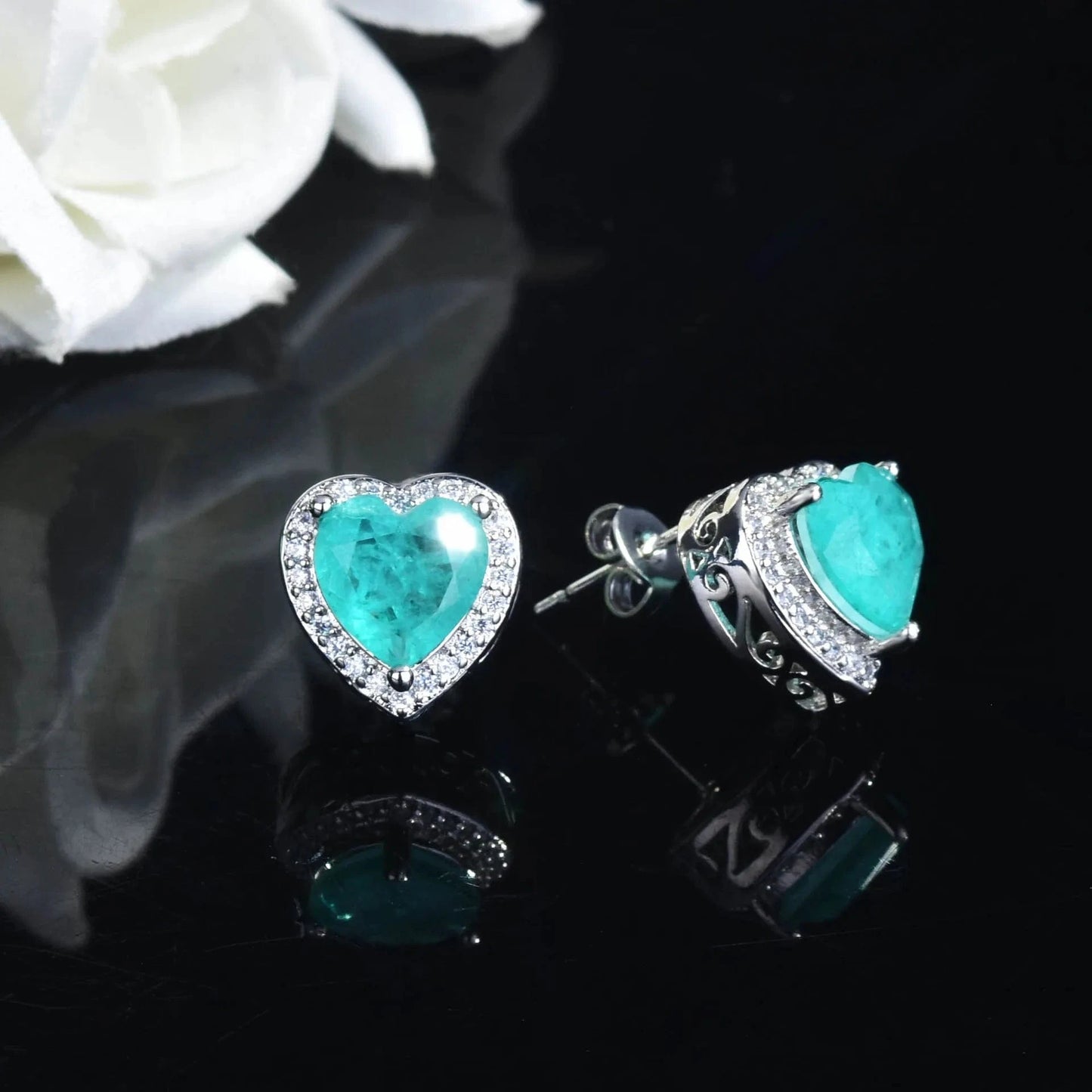 Silver Heart Shape Paraiba Tourmaline Gemstone Stud Earrings For Women Fashion Wedding Statement Jewelry Anniversary Gift