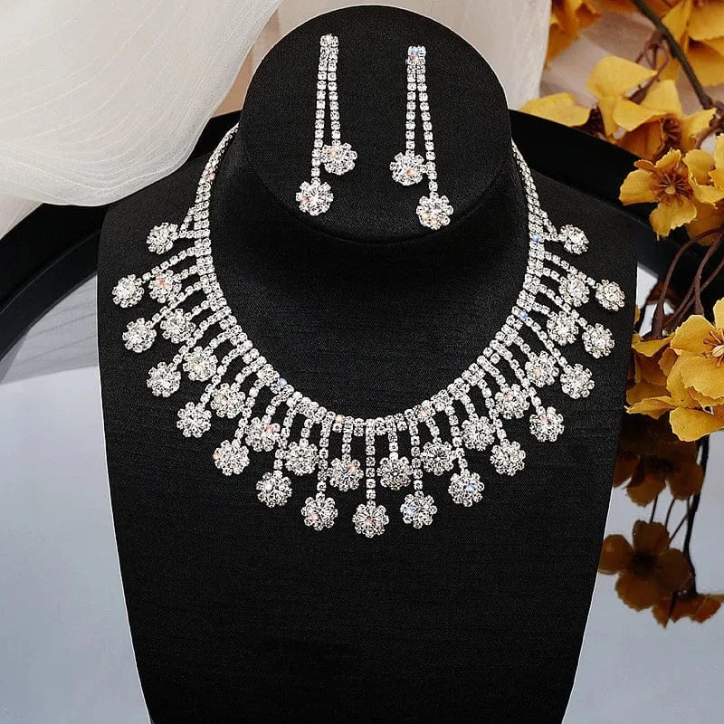 silver Hoyon Luxury Sparking Brilliant Cubic Zircon Drop Earrings Necklace Heavy Dinner Jewelry Set Wedding Bridal Dress Accessories