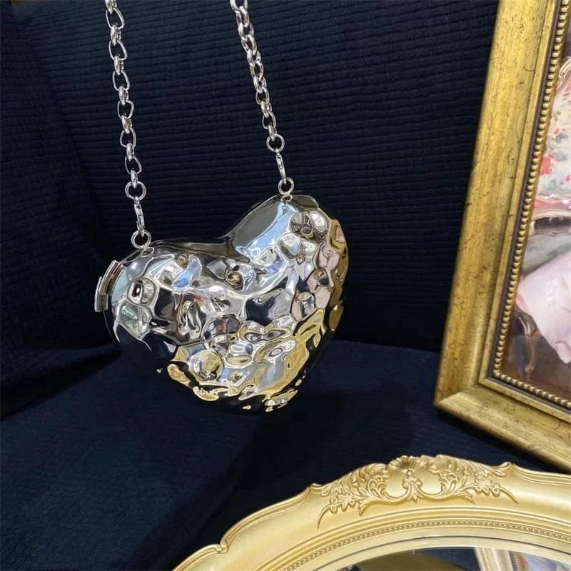 silver IDOIT Latest Metallic Heart Box Bag Crossbody Magnetic Bags Handbags For Women Heart Shaped PVC Bag