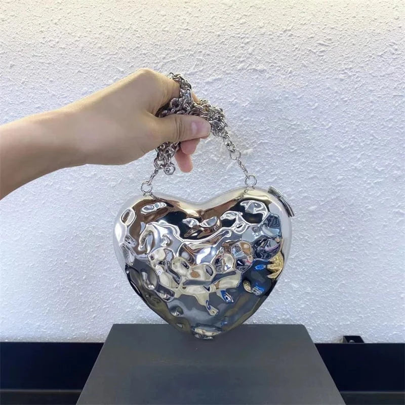 silver IDOIT Latest Metallic Heart Box Bag Crossbody Magnetic Bags Handbags For Women Heart Shaped PVC Bag