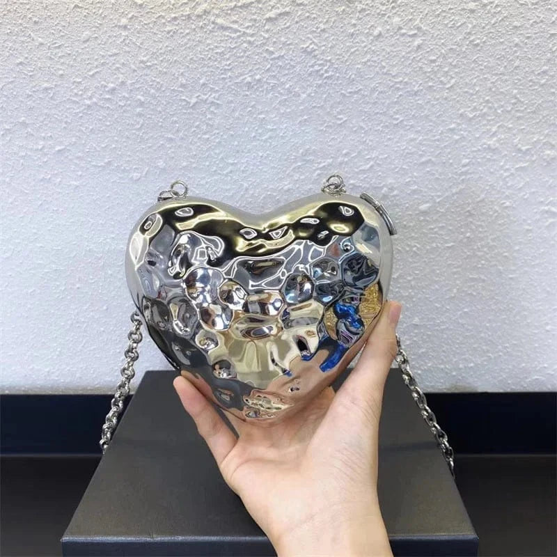 silver IDOIT Latest Metallic Heart Box Bag Crossbody Magnetic Bags Handbags For Women Heart Shaped PVC Bag