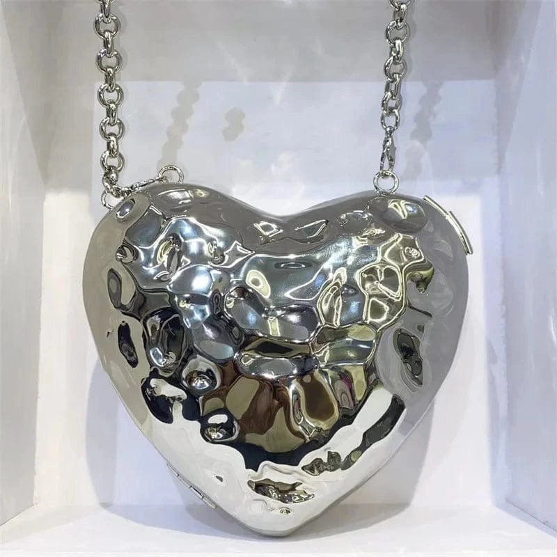 silver IDOIT Latest Metallic Heart Box Bag Crossbody Magnetic Bags Handbags For Women Heart Shaped PVC Bag