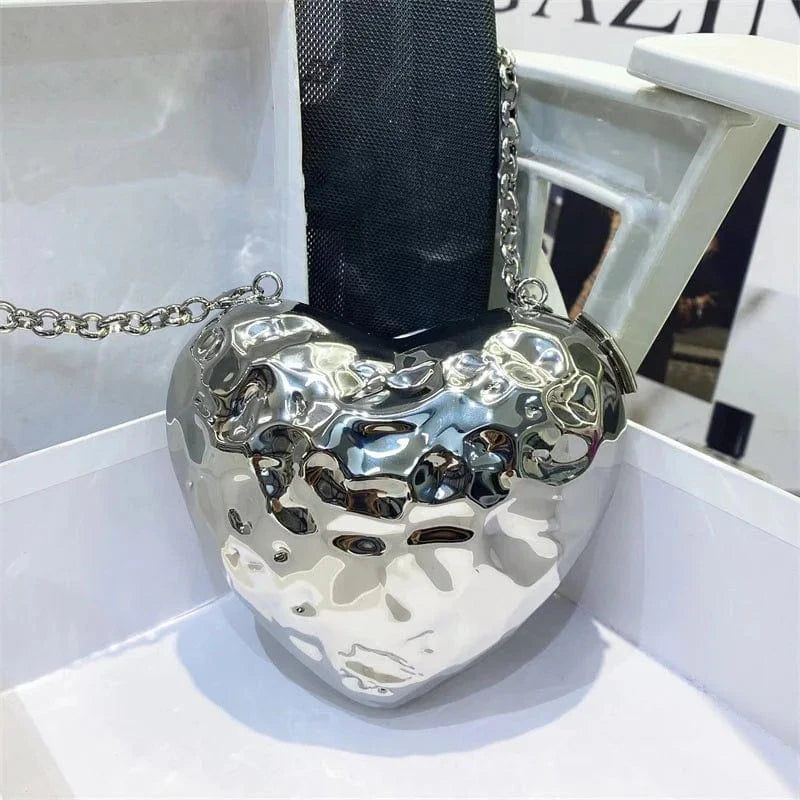 silver IDOIT Latest Metallic Heart Box Bag Crossbody Magnetic Bags Handbags For Women Heart Shaped PVC Bag