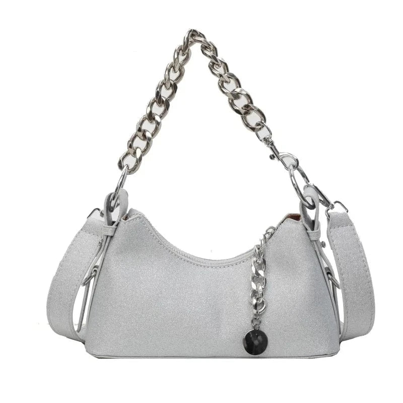 silver Korean Fashion Silver Small Underarm Bag for Women 2024 Trend Designer Sequined Armpit Handbags Thick Chain Simple Shoulder Bag