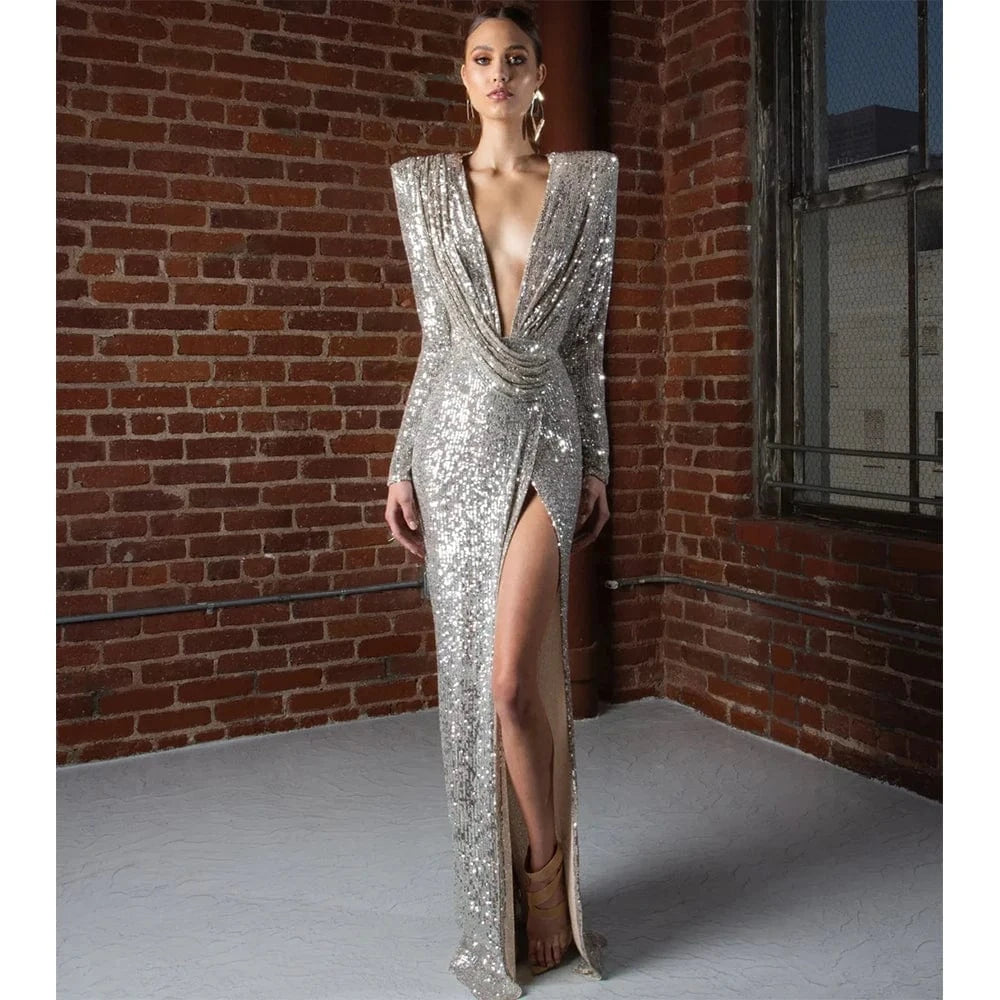 Silver / L / CHINA Women sexy silver sequin round neck back hollowed out high slit long sleeve floor-length dress luxury style evening dress
