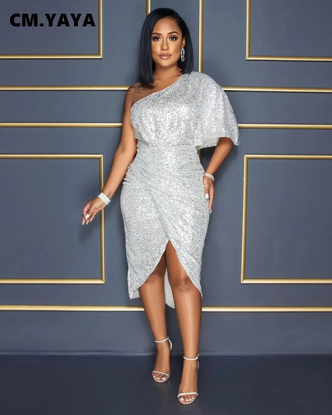 Silver / L CM.YAYA Women Sequined Batwing Sleeve One Shoulder Skew Neck Draped Bodycon Midi Dress Sexy Night Party Pencil Dresses
