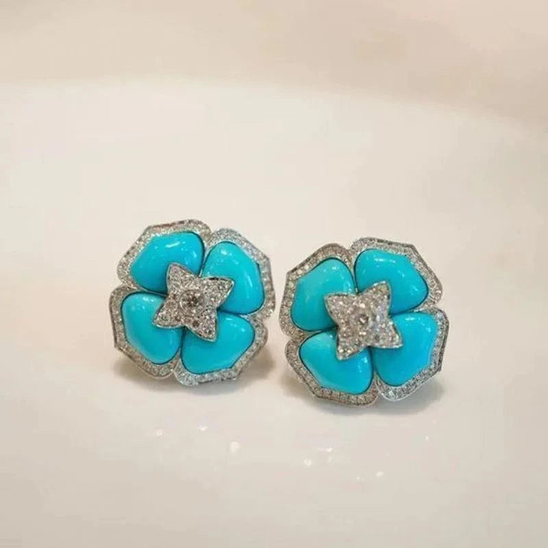 Silver Luxury and fashionable turquoise earings stud with silver inlaid blue flower earrings for women classic wedding jewelry gift