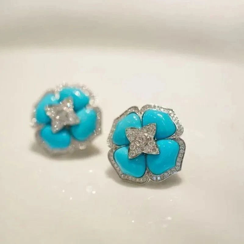 Silver Luxury and fashionable turquoise earings stud with silver inlaid blue flower earrings for women classic wedding jewelry gift