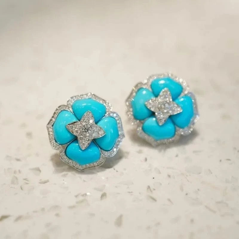 Silver Luxury and fashionable turquoise earings stud with silver inlaid blue flower earrings for women classic wedding jewelry gift
