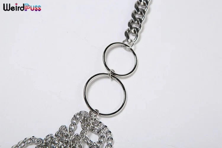 Silver / One Size Weird Puss Multilayer Chain Women Crop Tops Halter Backless Low Chest Sexy Fashion Hot Girls Rave Party Nightclub Coquette Vest