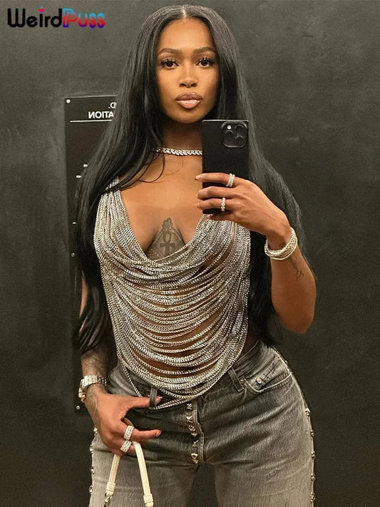 Silver / One Size Weird Puss Multilayer Chain Women Crop Tops Halter Backless Low Chest Sexy Fashion Hot Girls Rave Party Nightclub Coquette Vest