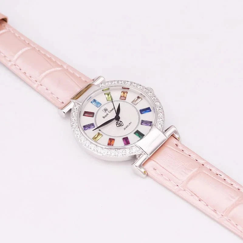 Silver Pink Prong Setting Luxury Clock Lady Women's Watch Fashion Hours Bracelet Colorful Rhinestone Girl Birthday Gift Royal Crown Box