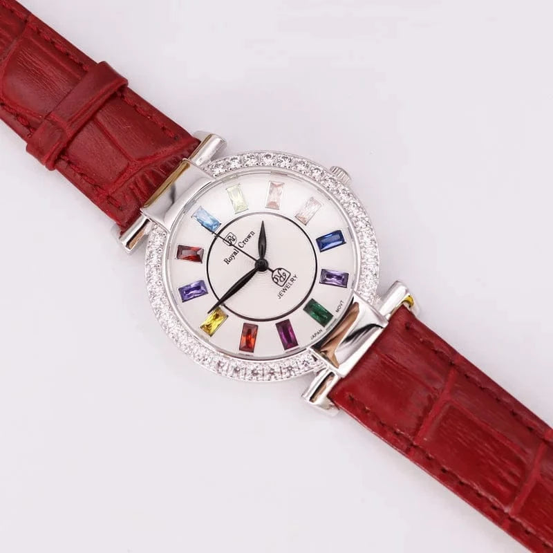 Silver Red Prong Setting Luxury Clock Lady Women's Watch Fashion Hours Bracelet Colorful Rhinestone Girl Birthday Gift Royal Crown Box